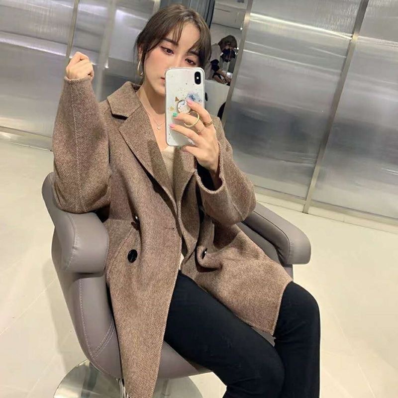 Qadın yun palto, herringbone naxışlı, qalın, boş kəsim