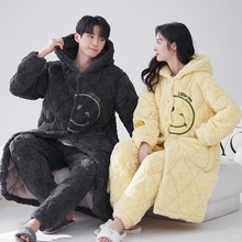冬季夹棉情侣睡衣袍套开衫连帽三层加厚保暖可外穿男棉袄家居服