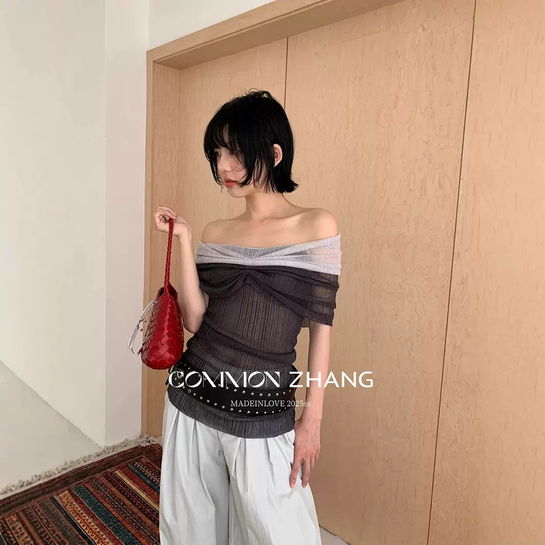 CZ ZHANG夏季新款韩版一字领露肩性感透视纯欲百搭针织衫女B25646