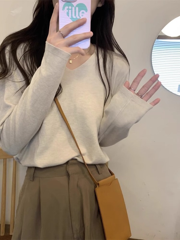 春秋冬季2025新款韩版长袖V领套头内搭打底针织衫女宽松毛衣上衣|undefined