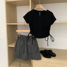 女童夏季休闲套装2023新款洋气小女孩时尚黑色恤灰色裤裙两件套