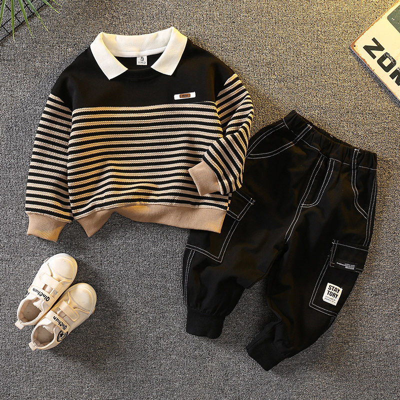 6086 traje de suéter para niños primavera y otoño 2024 nueva camisa POLO a rayas para niños traje de dos piezas de otoño para bebés