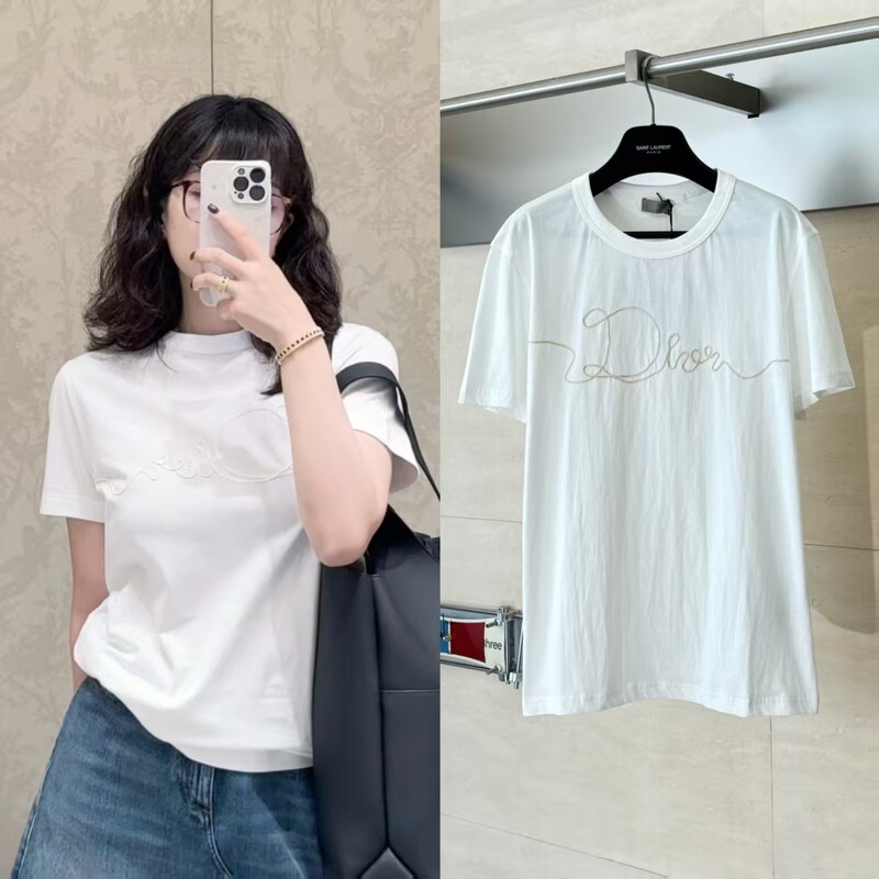 Dijia Correct Version High Version 26 Spring New Woven Satin Badge Round Neck Short-Sleeved T-Shirt