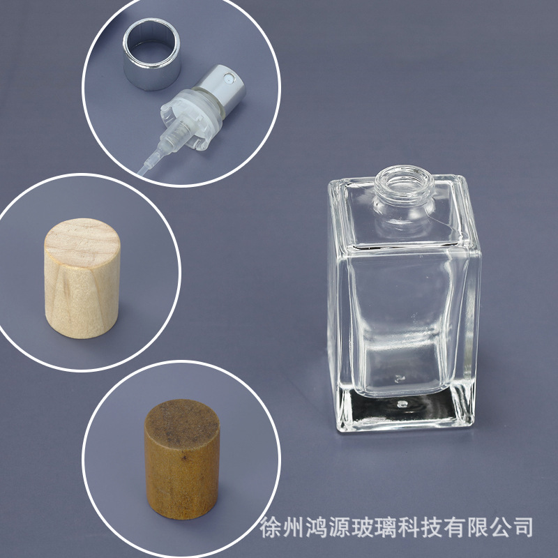 Perfume al por mayor botella de vidrio 30ml50ml botella de bayoneta cuadrada vintage Lotus cubierta de madera aerosol fino sub-botella portátil