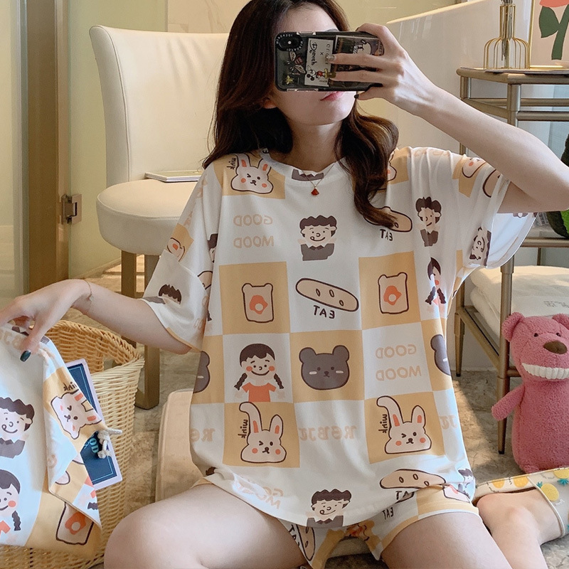 Pijamas de verano de las mujeres más el tamaño ins moda lindo pantalones cortos de manga corta estudiante de verano Delgado desgaste del hogar traje de dos piezas