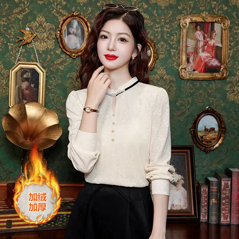 法式时尚女士蕾丝衫加绒秋冬2025新款洋气内搭上衣长袖加厚打底衫