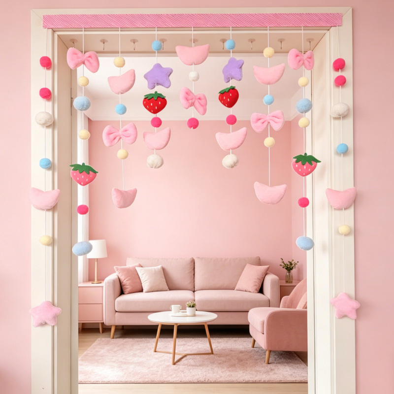 Alice Dopamine Style Plush Decorative Door Curtain, No-Drill Hanging Star Heart Bow Beaded Curtain Alice Dopamine Style Plush Decorative Door Curtain, No-Drill Hanging Star Heart Bow Beaded Curtain