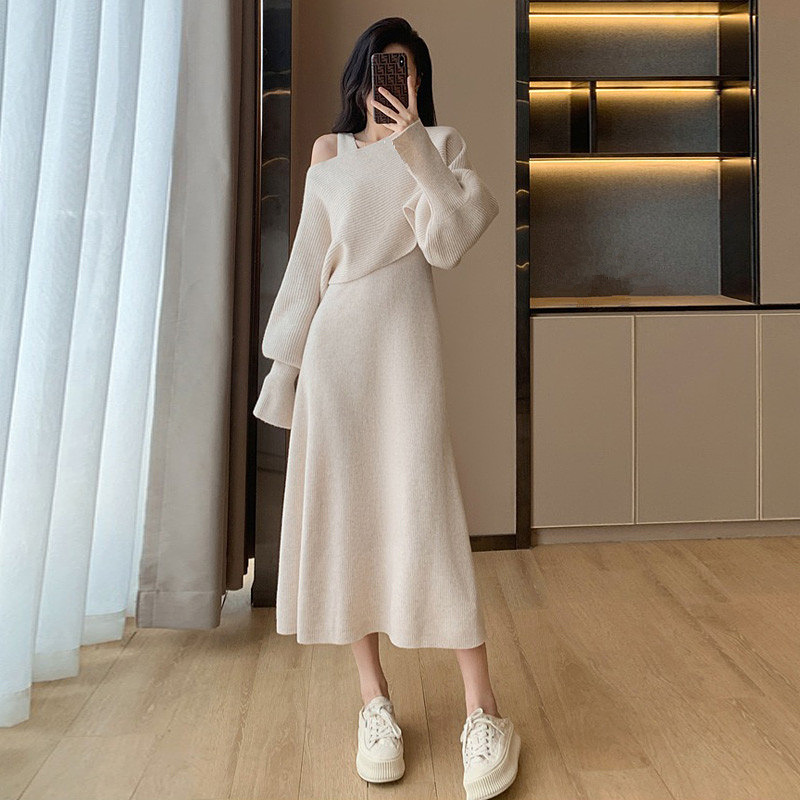 2025 Autumn/Winter French-Style High-End Solid Color Petite Chic Two-Piece Knitted Dress for Women, High-Waisted and Slimming