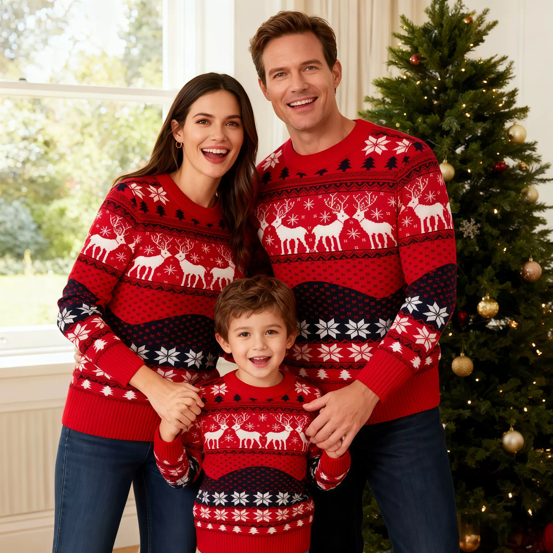 跨境现货2025新款欧美红色圣诞毛衣亲子装一家三口秋冬套头针织衫