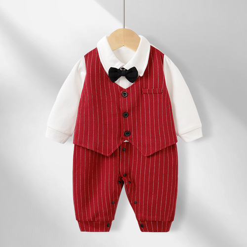 Baby one-piece outfit spring and autumn red British gentleman set baby clothes centenary banquet first birthday evening dress