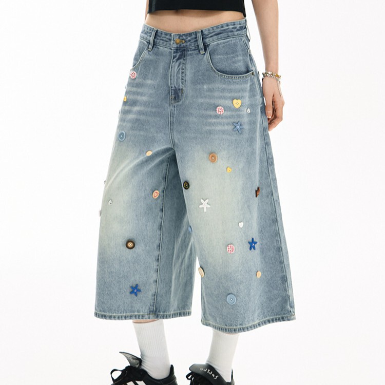 American-Style Colorful Buttoned Denim Shorts for Men and Women, Summer High-Street Fashion Brand, Loose Wide-Leg Washed Mid-Length Pants