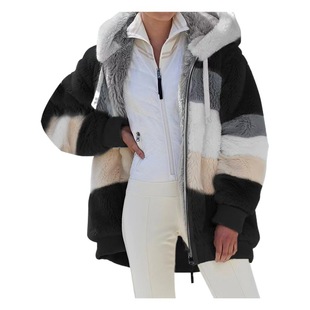 Cross-border Amazon Explosions European and American 2021 Autumn and Winter Warm Plush Patchwork Zipper Pocket Hooded Loose Coat Women