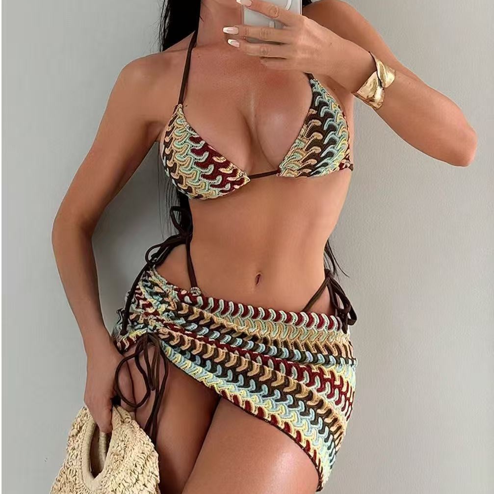In Stock 2026 New Wave-Patterned Knitted Bikini Three-Piece Set Beach Vacation Halter Tie Swimsuit for Women