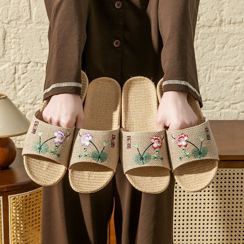 Summer New Chinese Style National Style Linen Slippers Women's Home Non-slip Indoor Cotton and Linen Embroidered Home Couple's Sandals and Slippers for Men