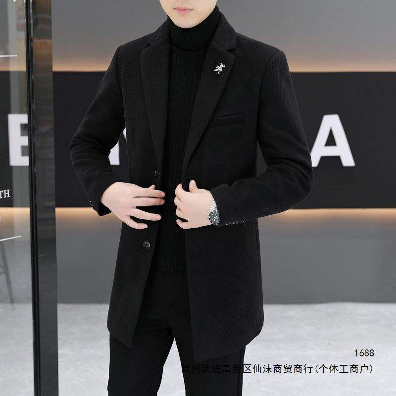 Men's mid-length trench coat, Korean style, slim fit, trendy and versatile, suitable for young men, autumn and winter casual style, woolen overcoat.
