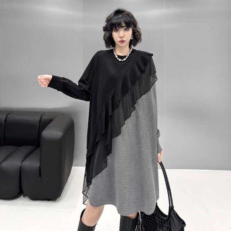 2025春新款时尚宽松木耳边裙优雅气质风小众设计感洋气T恤连衣裙