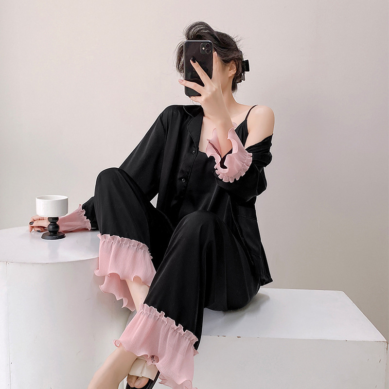 2025 New Suspender Long Pants Three-Piece Pajamas Women's Flared Wide Leg Pajamas Women's Summer Sexy Home Clothes