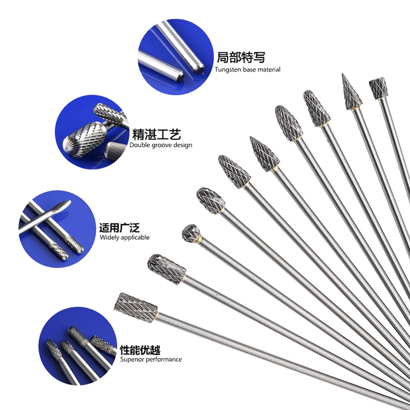 3*6*100mm set tungsten steel grinding head with extended handle, carbide rotary file, tungsten steel milling cutter, metal grinding head
