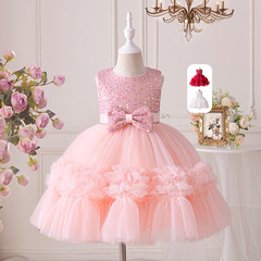 夏季新款蝴蝶結公主裙寶寶小伴娘禮服裙子亮片蓬蓬網紗女童連衣裙