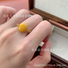 厂家批发 天然蜜蜡老蜡戒指 S925银镶嵌