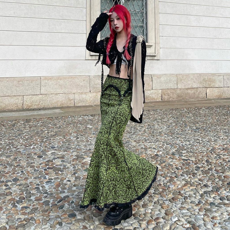 lace printed stitching high waist slim long skirt NSSSN127821