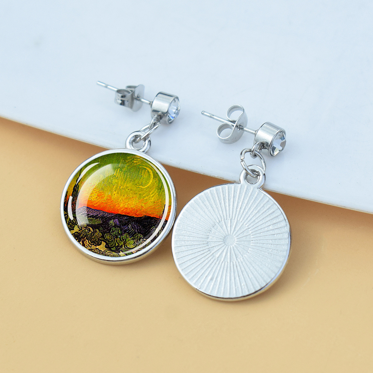 Pendientes de diamantes brillantes de flores Iris de girasol Van Gogh Art Starry Sky Pintura al óleo Pendientes de estilo europeo y americano medieval