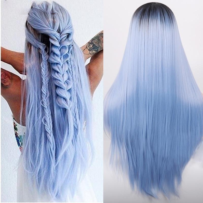 Foreign Trade In Stock Fashion Trend Wig Women's Long Straight Hair Blue Long Straight Wig Spot Cross-border One Piece Dropshipping display picture 1