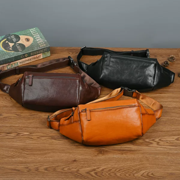 New Arrival Top-Layer Tree-High Vegetable Tanned Cowhide Hand-Scratch Pattern Vintage Casual Chest Bag Waist Bag Dual-Use Bag