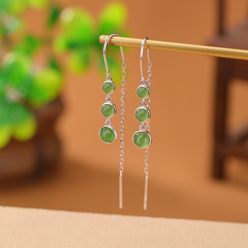 Khuyên tai nữ dài tua rua bạc S925 hình tròn — Một cặp