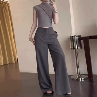 大码黑色高腰阔腿西装裤女夏季胖mm显瘦遮胯休闲百搭直筒拖地长裤
