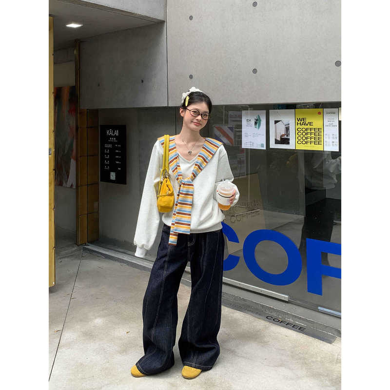 韩系慵懒风2025秋季新款设计感V领条纹披肩假两件卫衣女长袖上衣|undefined