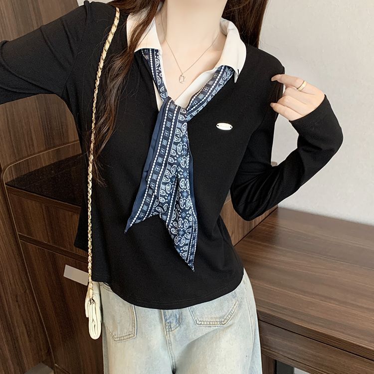 2025秋季新款遮肚设计感polo领丝巾长袖T恤女收腰显瘦打底衫上衣|undefined