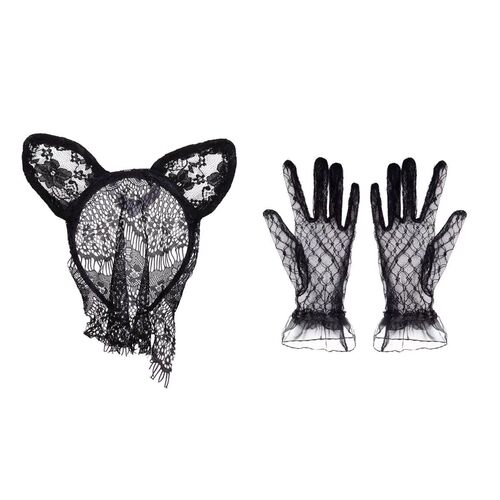 Black Sexy Cat Ear Headband Women's Lace Mask Eye Mask Covering Face Mesh Hairpin Hairpin Halloween Headwear