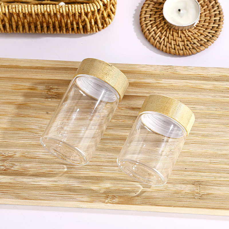 Botellas de tubos de borosilicato de alto contenido al por mayor, botellas de vidrio selladas con tapa de grano de madera de 47 mm de diámetro, botellas de embalaje de polvo de píldoras visuales image 5