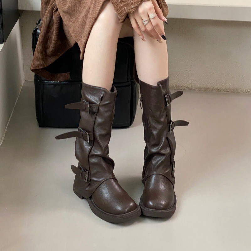 法式厚底粗跟皮带扣西部牛仔靴女2025皱褶堆堆靴中筒百搭裤腿靴女|undefined