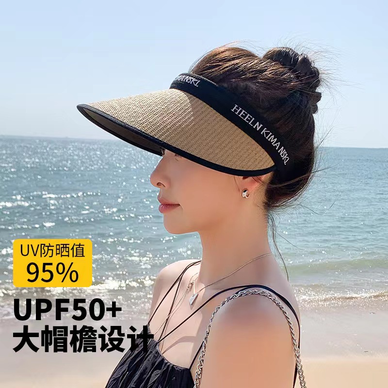 黑膠防曬帽女夏季防紫外線遮臉遮陽帽大帽檐空頂帽子草編帽太陽帽