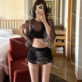 新款纯欲风性感晕染长袖喇叭袖分体四件套比基尼泳衣女平角裤泳装