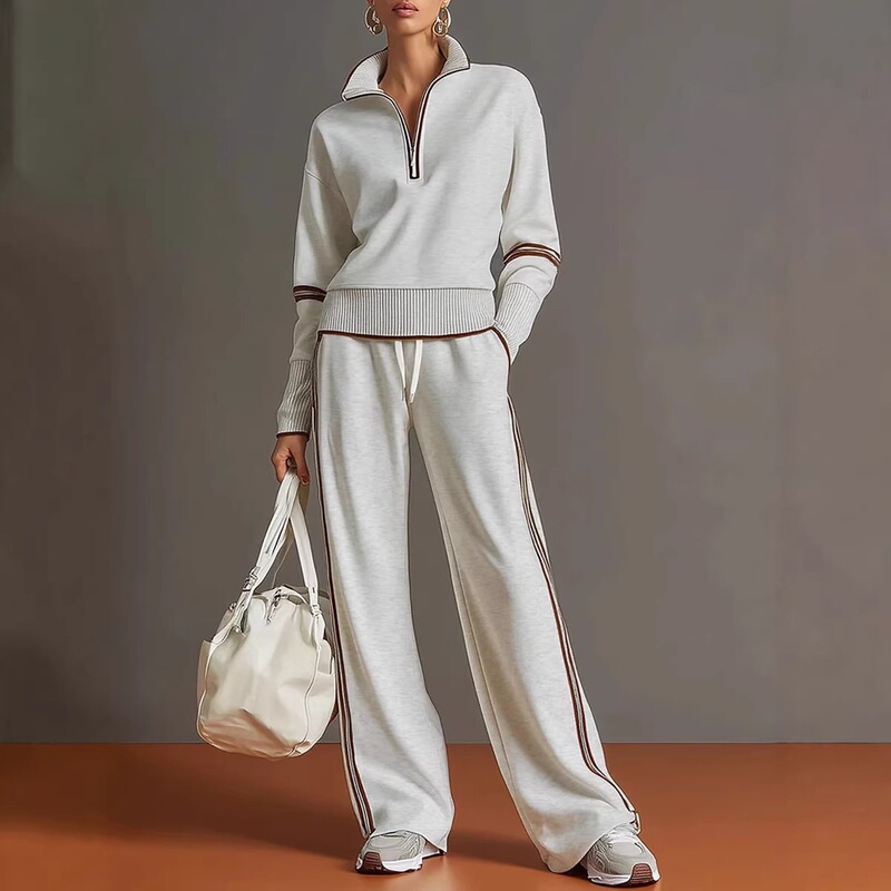 2026 New Cross-Border Casual Sports Suit European and American Style Fashion Color-Blocking Stand Collar Sweatshirt Wide-Leg Pants Two-Piece Set for Women 2026 New Cross-Border Casual Sports Suit European and American Style Fashion Color-Blocking Stand Collar Sweatshirt Wide-Leg Pants Two-Piece Set for Women