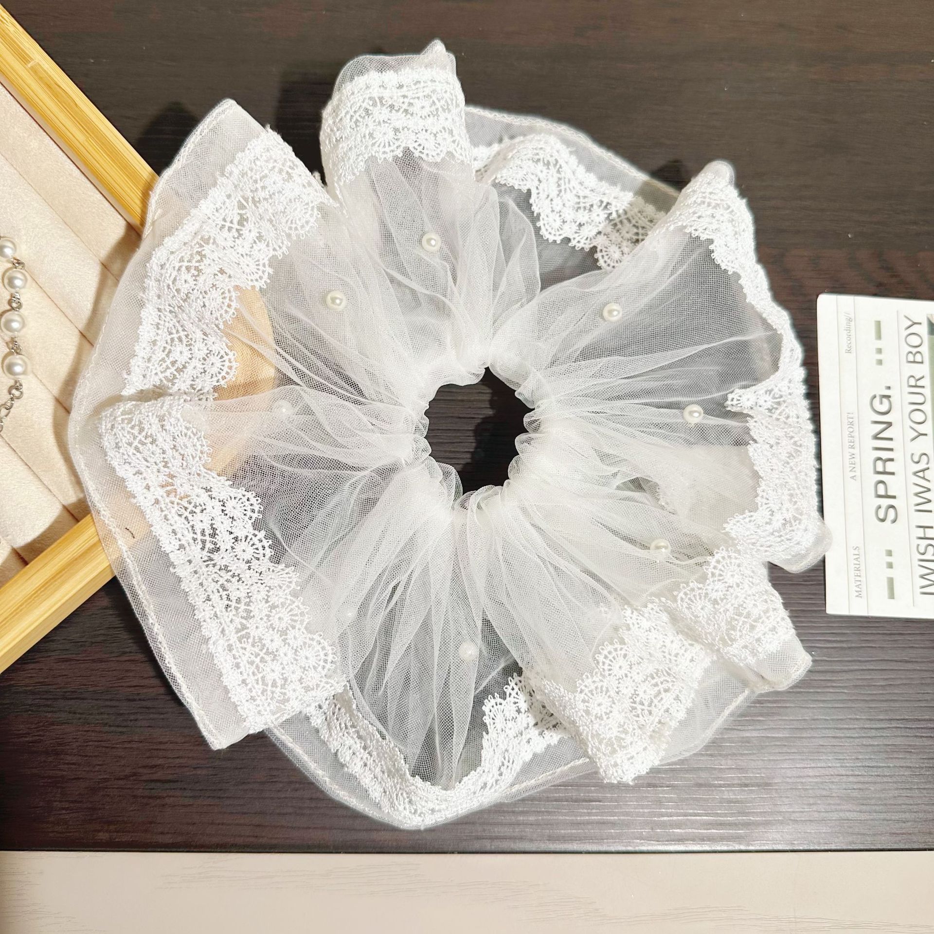 Extra Large Lace Scrunchie For Women Elegant Pearl Ponytail Hair Tie_voghion.com