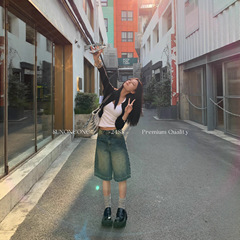 SUNONEONE 宽松阔腿牛仔裤女夏新款美式复古显瘦直筒休闲中裤