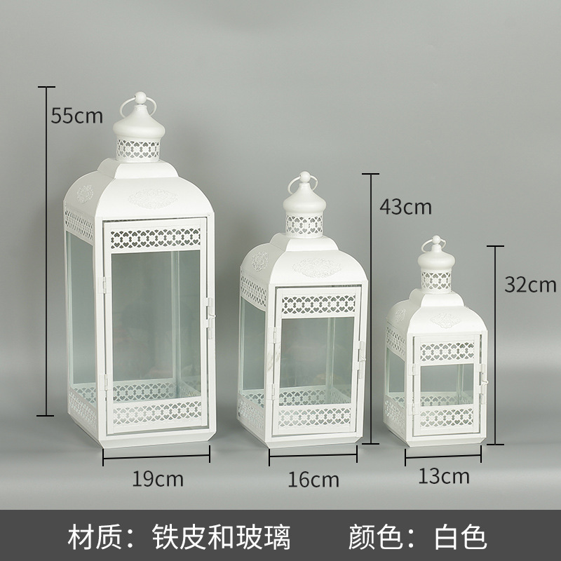 Blanco boda candelabro linterna boda carretera plomo accesorios atmósfera lámpara Marruecos viento lámpara decoración a prueba de viento vela pantalla
