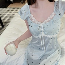 2025新款波点蕾丝中长款睡裙女士公主短袖纯欲风带胸垫家居服