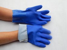 加厚618藍色耐油磨砂止滑耐酸鹼工業勞保橡膠棉毛浸塑手套