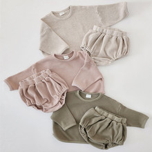 男女童套装春秋冬2件套长袖华夫格套头卫衣三角短裤童装ins跨境