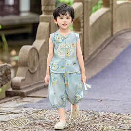 2026男童国风中国套装中式刺绣夏季唐装新款两件套儿童背心汉服新