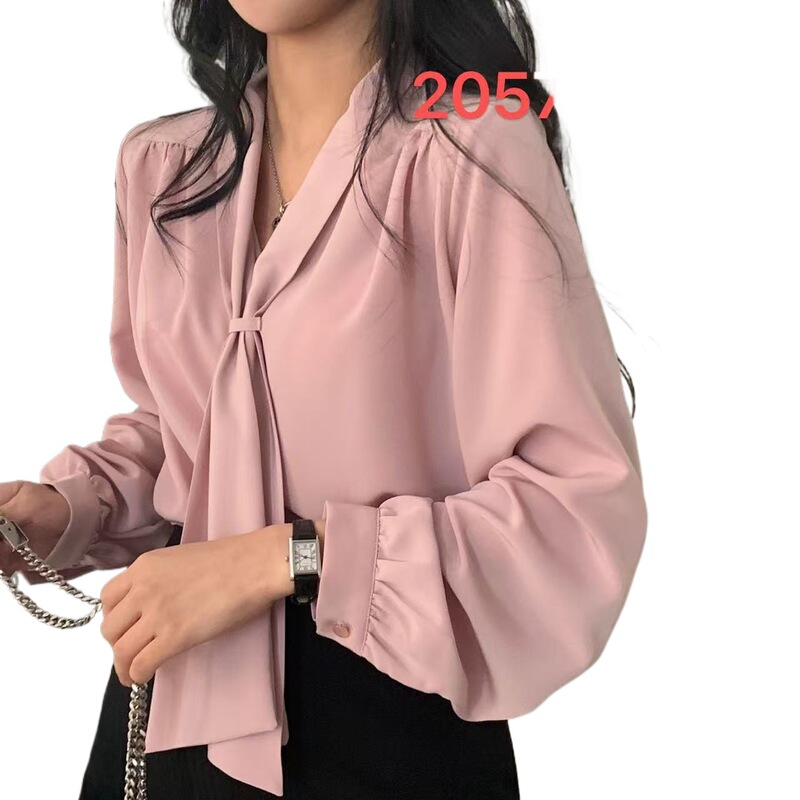 东大门跨境秋季新款韩版设计感领带宽松休闲套头女式衬衫V领上衣|undefined