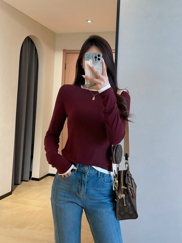 时髦假两件山羊绒柔软舒适修身显瘦打底针织长袖T恤女25秋5593#|undefined