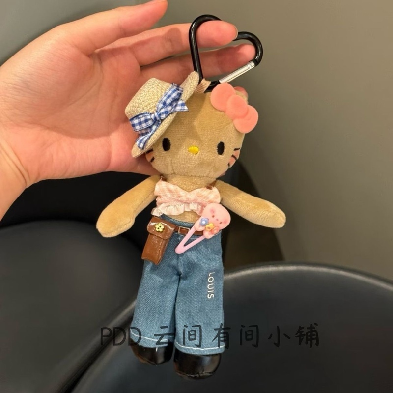 Cute Long-Legged Cowboy Kitty Bag Pendant Plush Toy Black Leather Doll Keychain Gift
