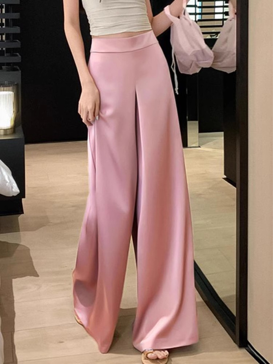 Women's Fashion Satin White Wide Leg Pants High Waist Straight Leg Floor Length Trousers Early Spring Style_ecoleips.com