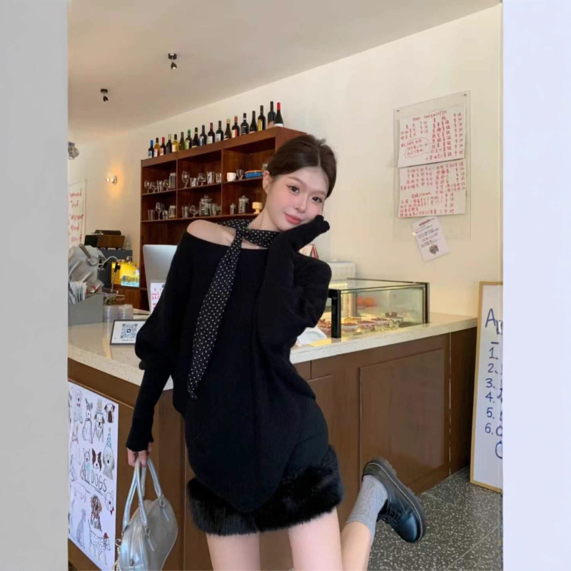 温柔风韩版蝙蝠袖针织毛衣女2025秋冬新款一字领慵懒不规则上衣潮|undefined